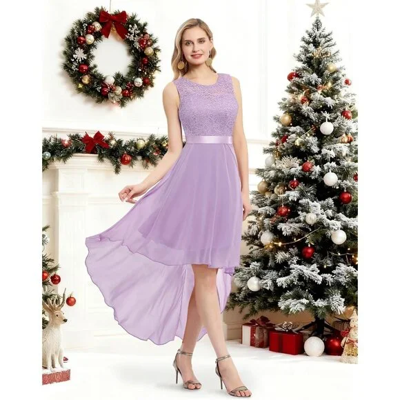 BeryLove Women Lavender Chiffon Scoop Neck Sleeveless Lace Cocktail Dress - Picture 6 of 7